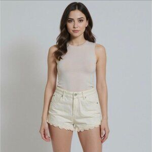 Almost Famous ✦ Lace-Trim Denim Shorts ✦ White Cotton/Spandex Cutoffs Sz 7 EUC